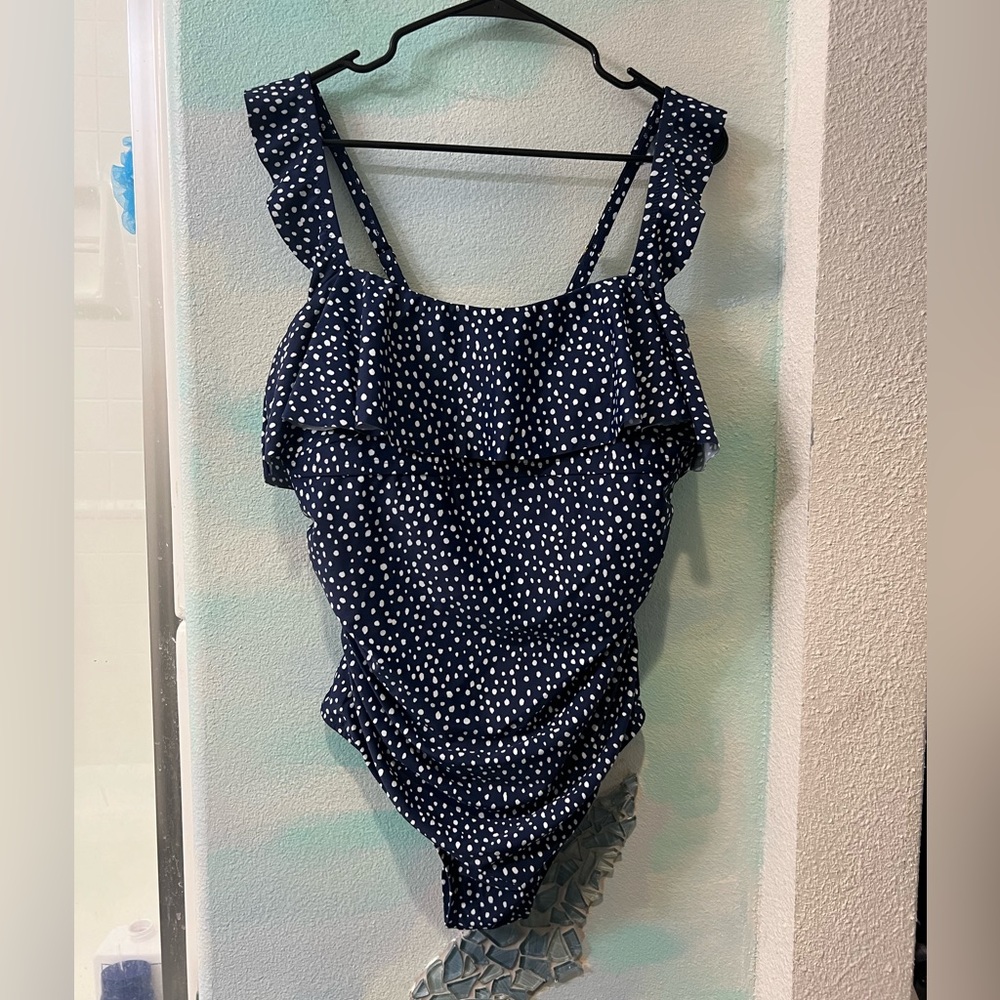 NWT Kona Sol Blue & White Polka Dot Ruffle One Piece Bathing Suit